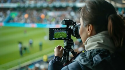 A person films a game on a large green field with a crowd in the background, they are using a professional camera and tripod.