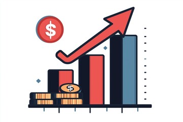 Bar chart with red up arrow and dollar coin vector icon
