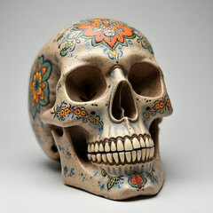 A human skull made of clay or ceramic, with intricate details and vibrant colours, featuring traditional patterns and artistic motifs.