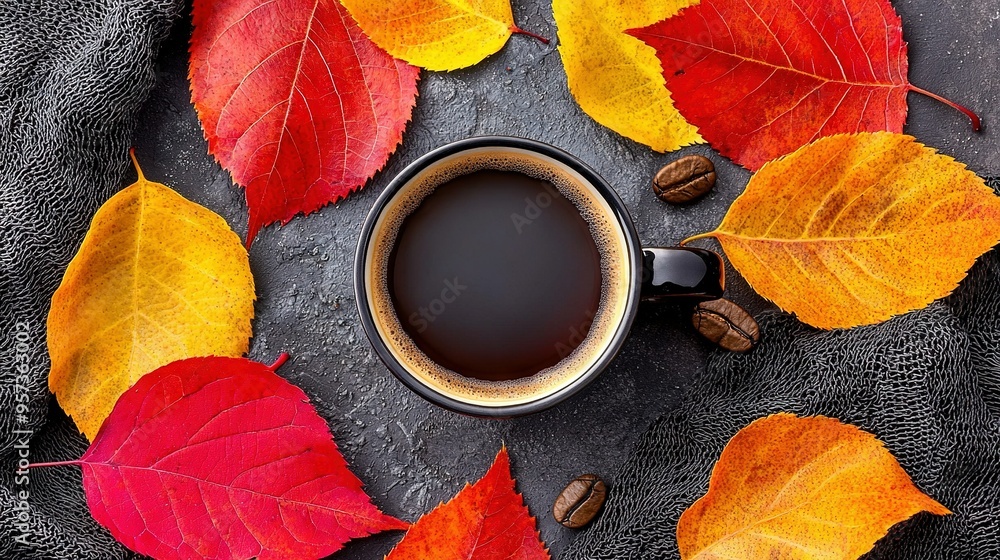 Poster   A cup of coffee sits atop a table beside autumn leaves, with another cup of coffee resting on the same table