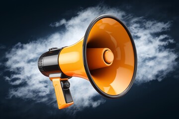 A 3D render of a vibrant orange megaphone with black detailing