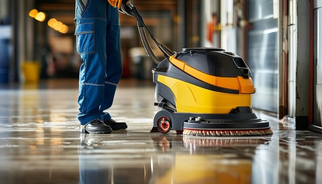 Industrial floor cleaning machine in use by worker in a clean facility