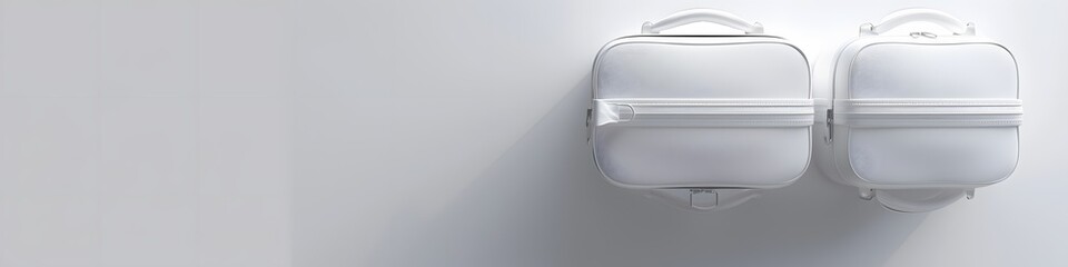 A 3D render from a top view of two white travel bags on a smooth, isolated background.