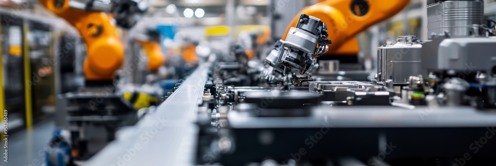 Poster in an automotive factory, robotic arms efficiently assemble vehicle components, highlighting automat