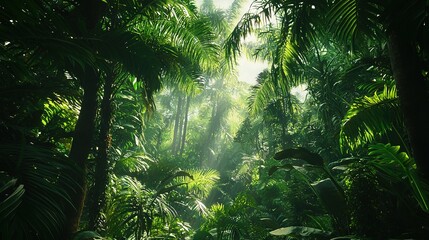 Fototapeta premium A lush green forest brims with an abundance of trees and plants, blanketing the forest floor