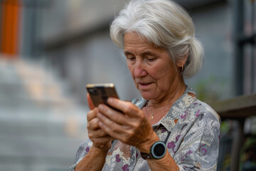 Senior Woman Tracking Daily Steps on Smartphone with Determined Expression
