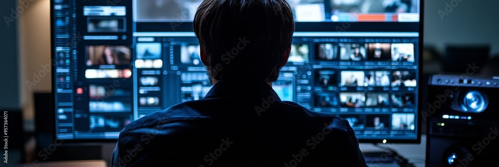 Poster an editor is deeply focused on editing visuals at a computer workstation, surrounded by multiple scr