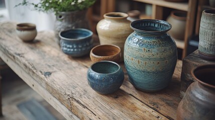 Handmade pottery on a rustic table