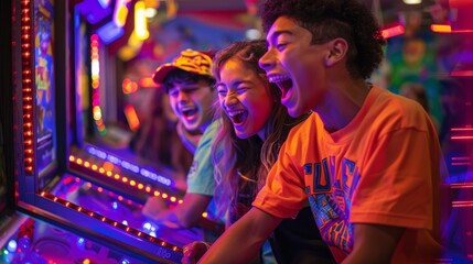 Obraz premium High School Graduates Enjoying Games at Amusement Arcade - Vibrant Celebration of College Acceptance