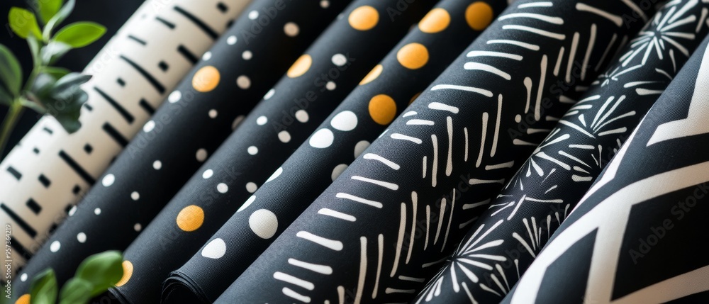 Poster a collection of black and white patterned fabric with dots and lines