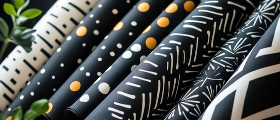 A collection of black and white patterned fabric with dots and lines