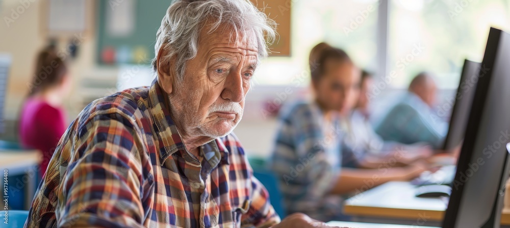 Poster digital literacy lesson for seniors: elderly man learning computer skills in classroom setting