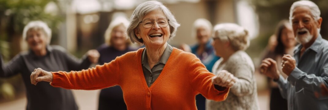 A lively gathering of seniors dancing energetically in an open outdoor space, showcasing their joy and heartwarming interactions with one another