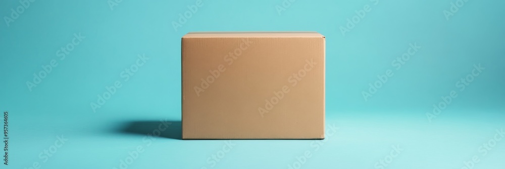 Poster a plain cardboard box is positioned directly in front of a light blue background, emphasizing simpli