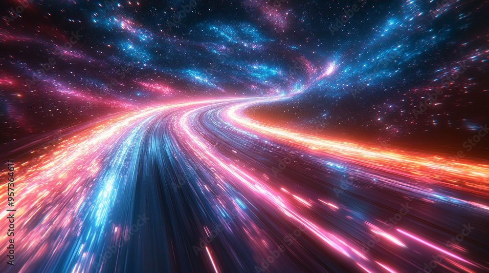 Wall mural neon journey through hyperspace, featuring vibrant, streaking stars and dynamic trails of light, evoking a sense of speed, time travel, and futuristic exploration