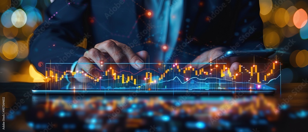 Poster businessman using tablet analyzing sales data and economic growth graph chart and block chain techno