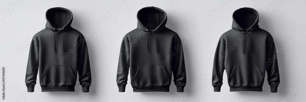 Poster a set of black hoodies is neatly arranged to highlight both the front and back views, emphasizing th