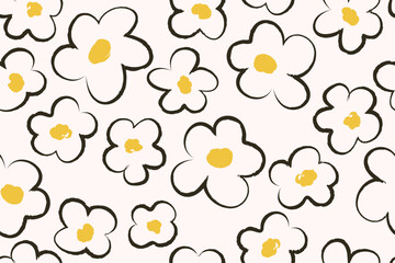 Seamless pattern with flowers drawn with black strokes and yellow centers. Handmade primitive botanical ornament. Ink drawing simple flowers line art. Floral elements on white background