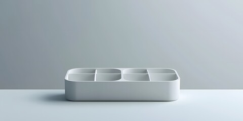 A 3D render of a white, sleek desk organizer with several compartments, shown on a clean, neutral background. 