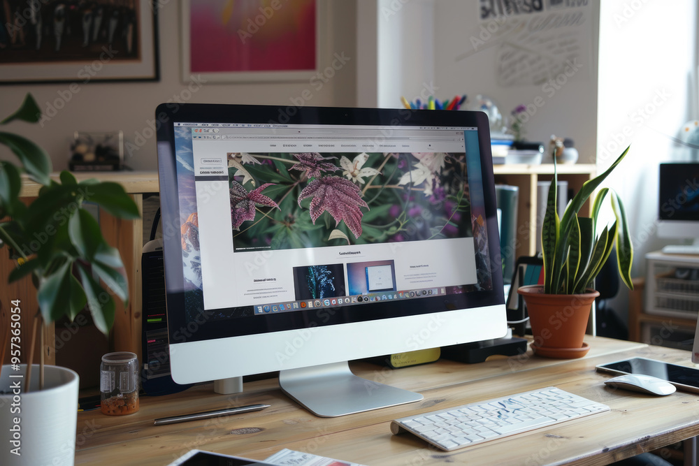 Poster modern home office workspace with desktop computer for productive remote work