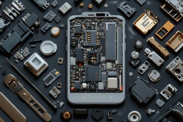 Fototapeta premium A disassembled smartphone with parts scattered around. This image is perfect for illustrating repair, technology, and electronics.