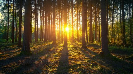 Obraz premium The sun shines through the trees, illuminating a forest with lush grass on the ground