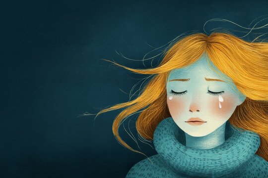 A young girl with flowing orange hair sheds a tear, symbolizing sadness and emotional reflection.