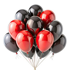 A group of red and black latex balloons tied together with silver strings. The balloons are glossy and appear to be inflated