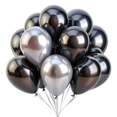 A bunch of shiny black and silver balloons tied together with silver strings