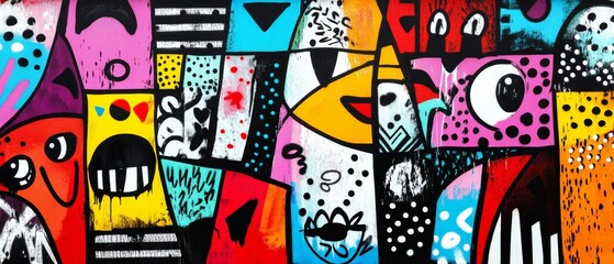 A colorful painting of faces with a variety of expressions