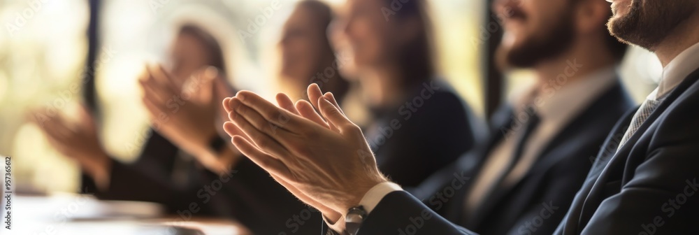 Wall mural A group of professionals is engaged in a business meeting, enthusiastically applauding each other’s contributions around a conference table in a bright office