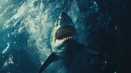   A magnificent great white shark gracefully swims through the ocean with water cascading off its sides, its jaws agape