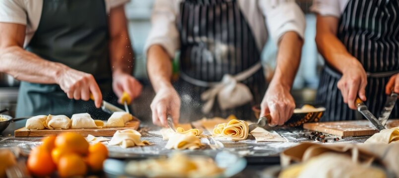 Middle Aged Friends Learning Homemade Pasta Making in Cooking Class - Fun Kitchen Activity