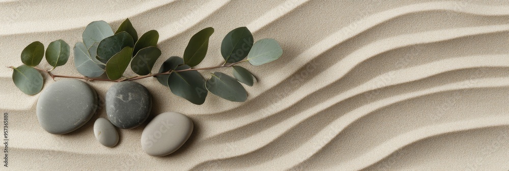 Aufkleber a eucalyptus branch rests on arranged smooth river stones, creating a tranquil display against a sof