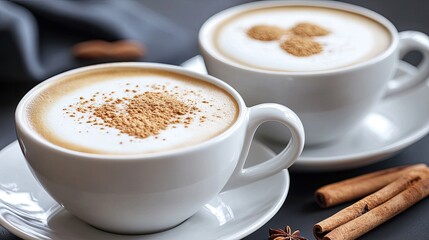 Fototapeta premium A rustic ceramic cup filled with frothy coffee sits beside cinnamon sticks and scattered coffee beans, creating a warm, inviting atmosphere in soft, warm tones