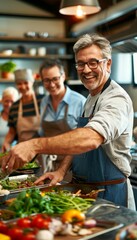 Middle-Aged Friends Cooking Class Using Fresh Ingredients for Nutritious Meals