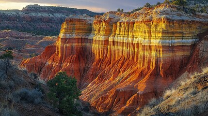   Sun shines on distant mountain range cliffs, with trees in foreground and bushes in closer view