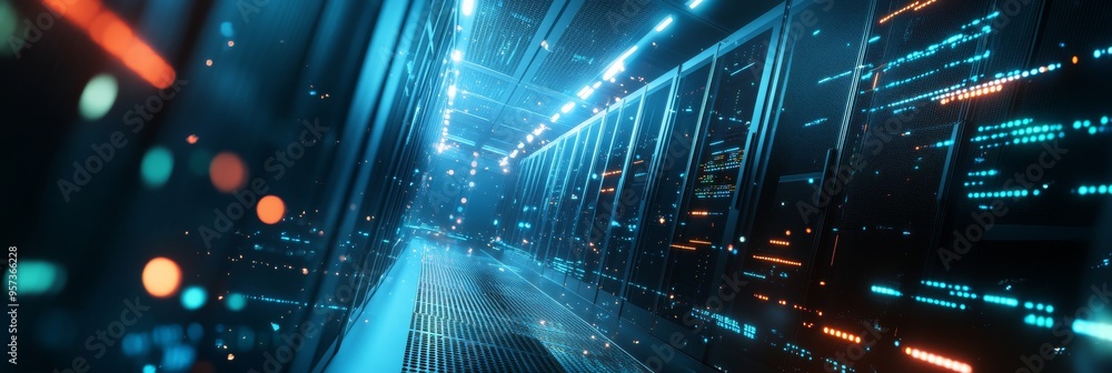 Poster this modern data server room features sleek designs and glowing led indicators, illustrating cutting