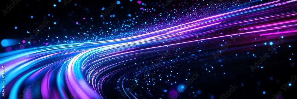 Poster intertwining trails of neon blue and purple light create a captivating display in a dark environment