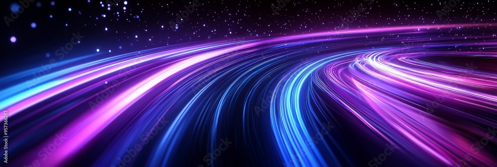 Poster vibrant blue and purple light trails intertwine and flow seamlessly, creating a mesmerizing abstract
