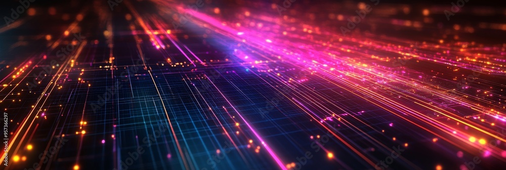Poster an abstract digital landscape features glowing data streams traversing a dark grid-like cyberspace, 