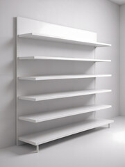 Set of white empty store shelves. Retail double shelf rack. Showcase display. Mockup template ready for your design. 3D rendering illustration. Isolated on white background. Gondola style.	