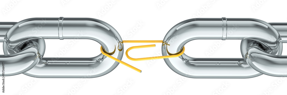 Poster steel chain with one link from paper clip. weak link, concept. 3d rendering isolated on transparent 