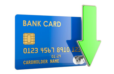 Money Received, concept. Credit card with green arrow down. 3D rendering isolated on transparent background