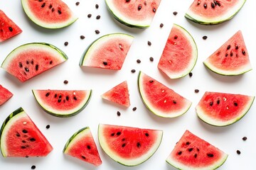 Fresh watermelon slices on white background. This image can be used for food blogs, magazines, and social media.