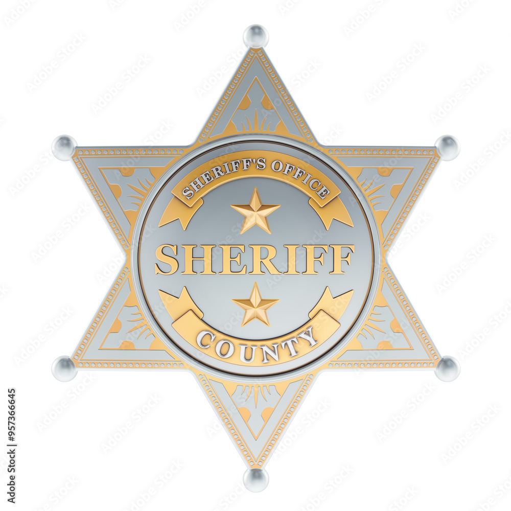 Poster classic sheriff star badge, front view. 3d rendering isolated on transparent background