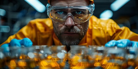 Male industrial worker in protective gear closely inspecting liquid samples in a high-tech laboratory
