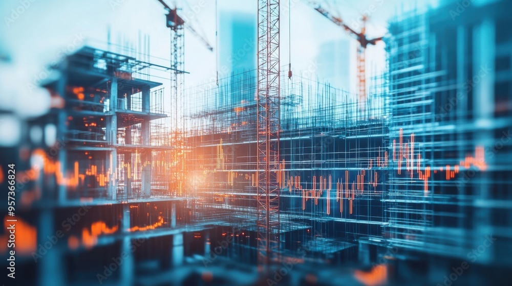 Poster innovative composition building under construction with financial charts symbolizing the correlation