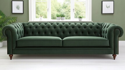 Fototapeta premium The living room showcases a dark green velvet sofa with yellow pillows, set against a bright wall with empty frames, complemented by a lush plant nearby