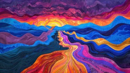 Abstract landscape with layered waves and a sunburst.